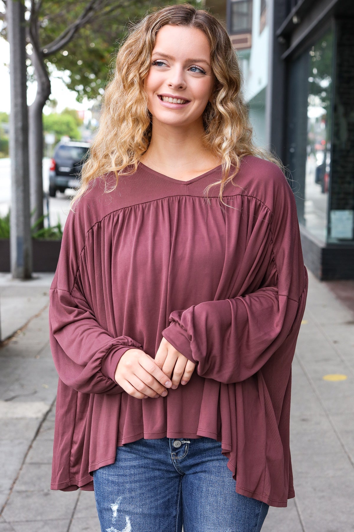 Wine V Neck Yoke Modal Knit Oversized Top