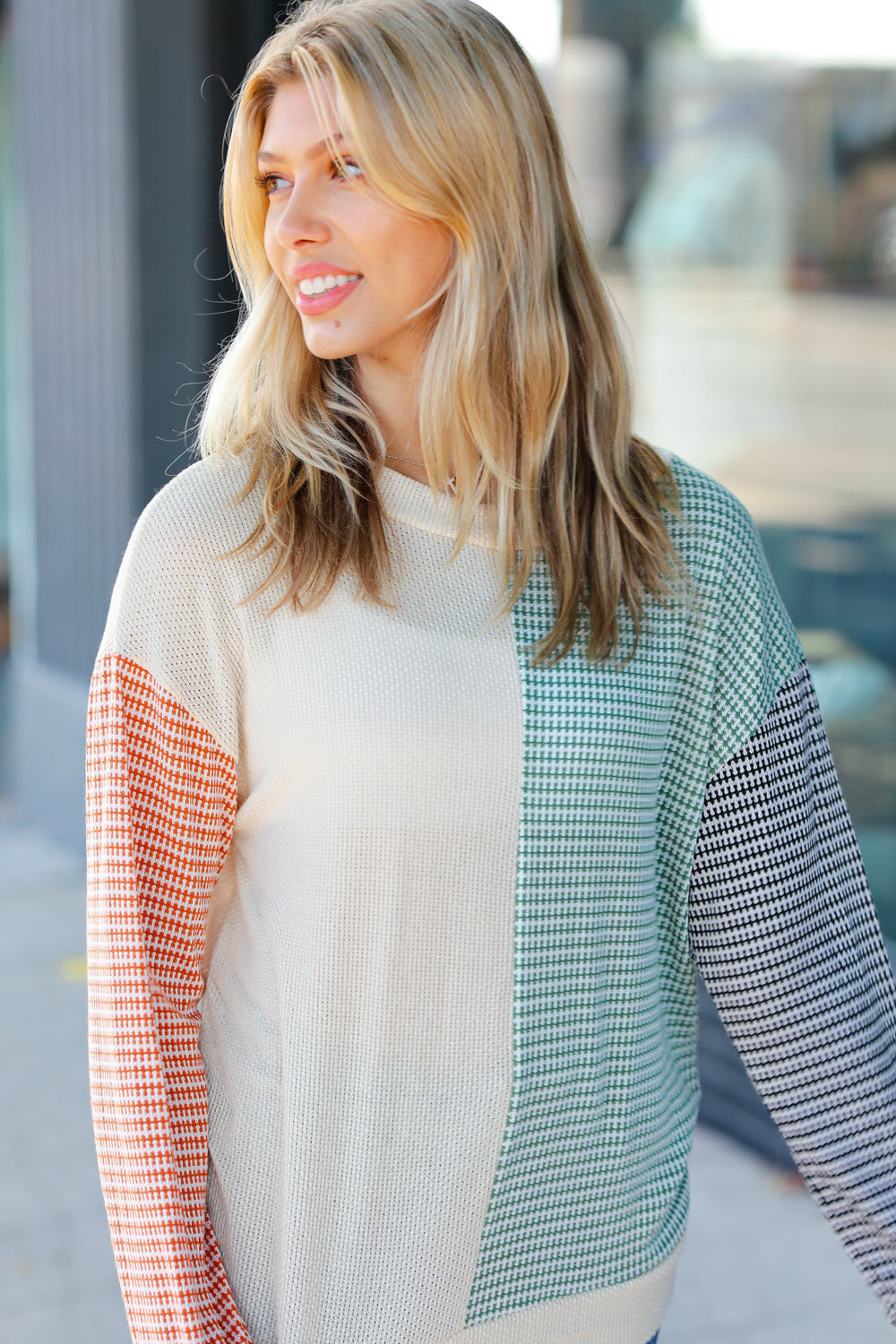 Rust & Olive Two-Tone Knit Color Block Top