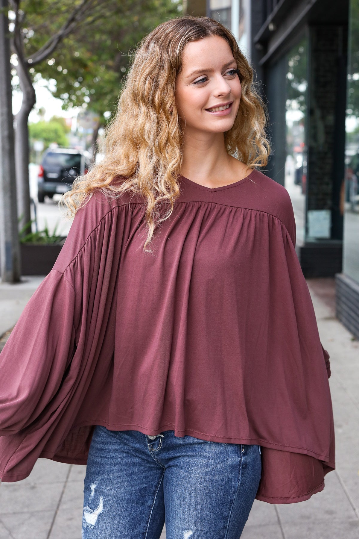 Wine V Neck Yoke Modal Knit Oversized Top