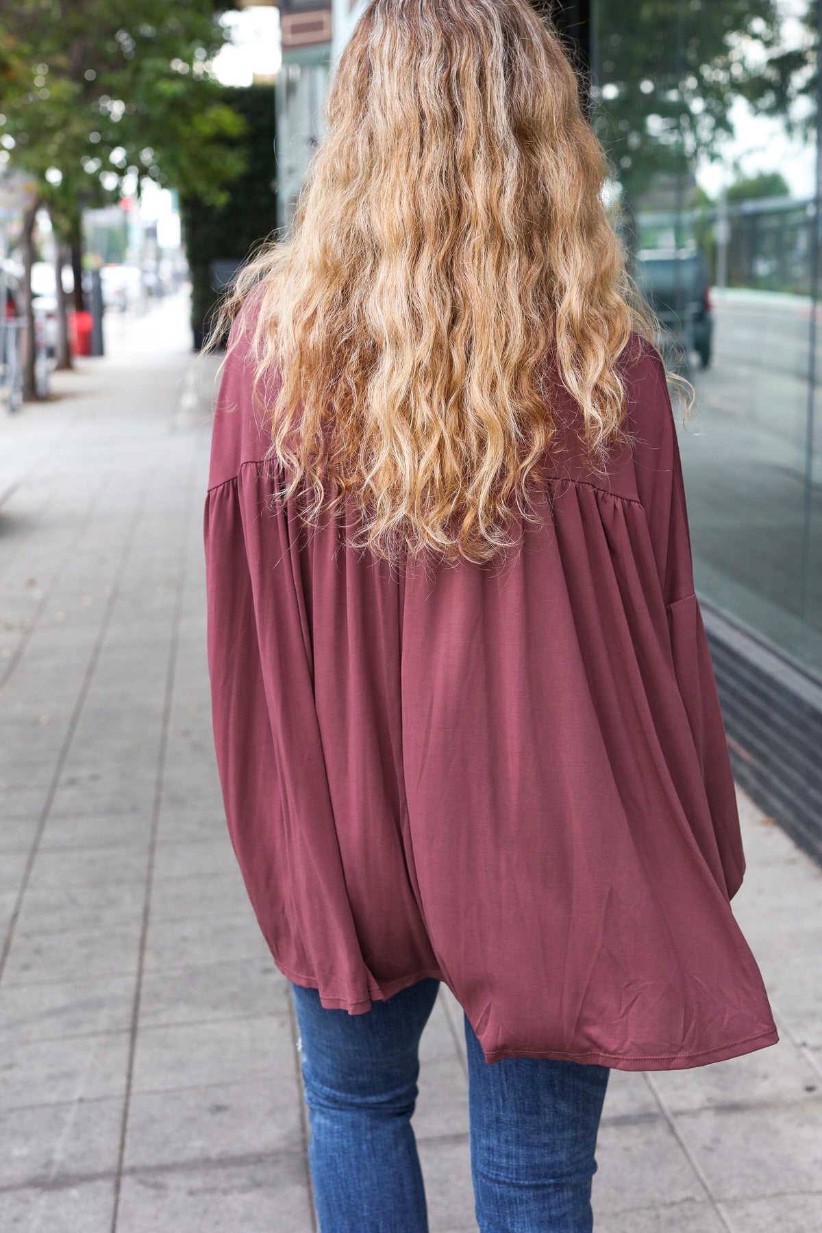 Wine V Neck Yoke Modal Knit Oversized Top