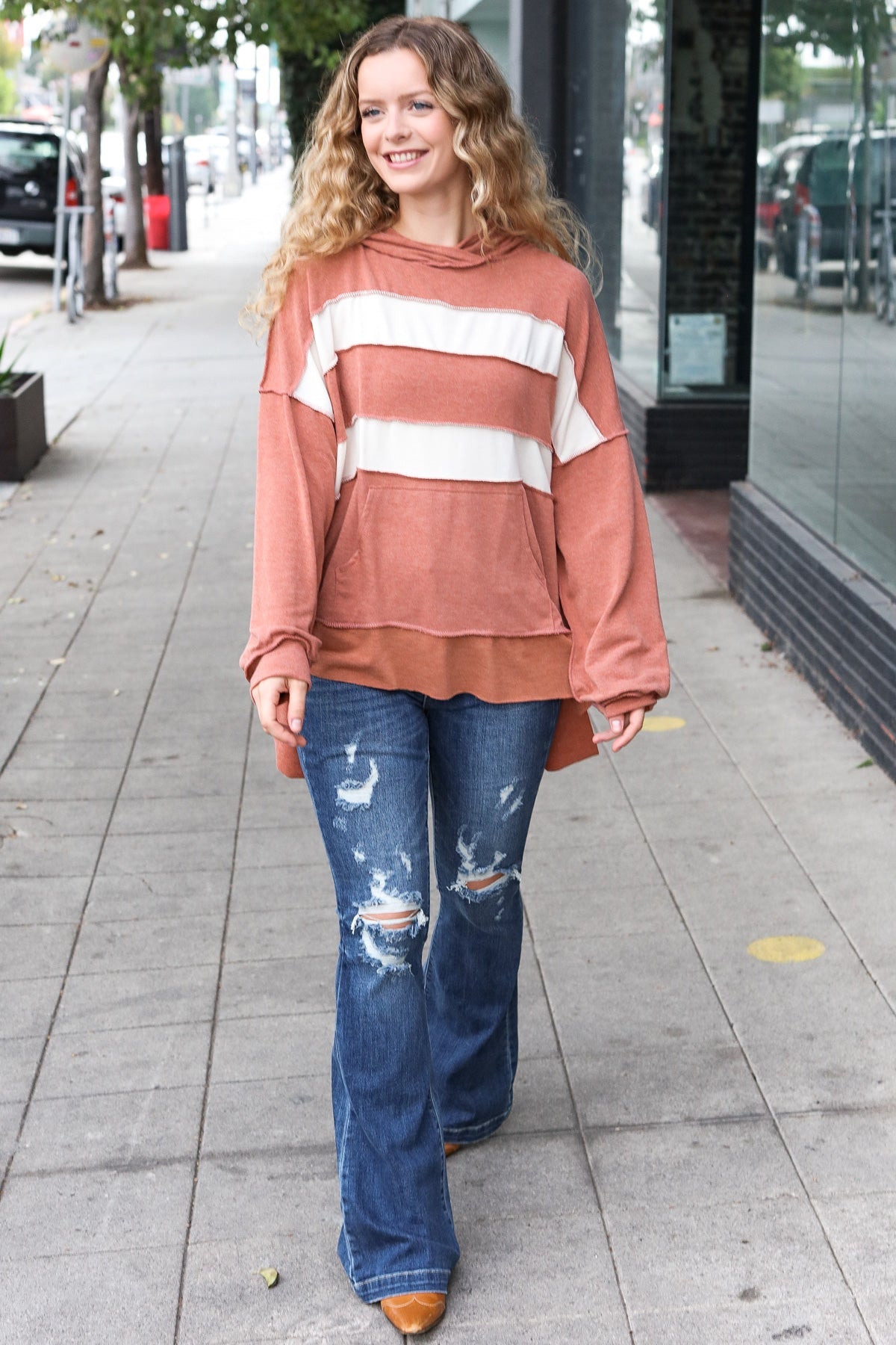 Rust Stripe Color Block French Terry Hoodie