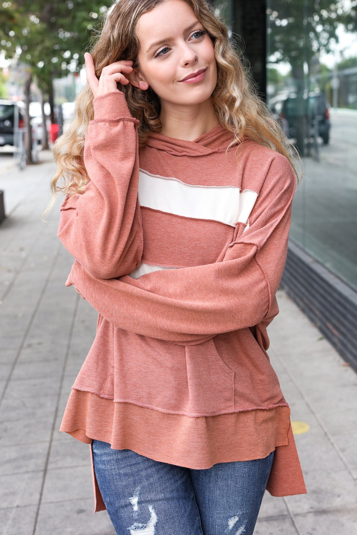 Rust Stripe Color Block French Terry Hoodie