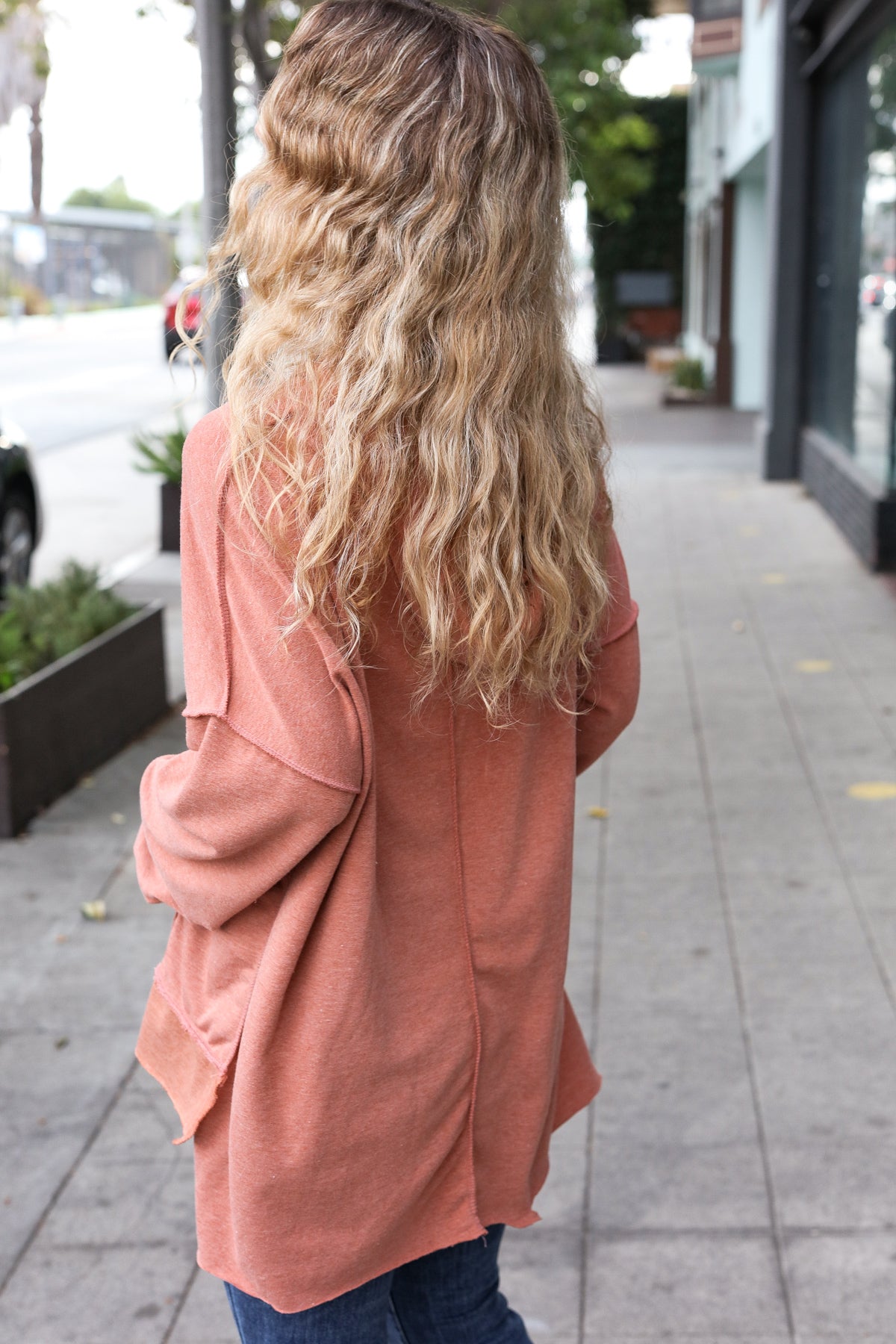 Rust Stripe Color Block French Terry Hoodie