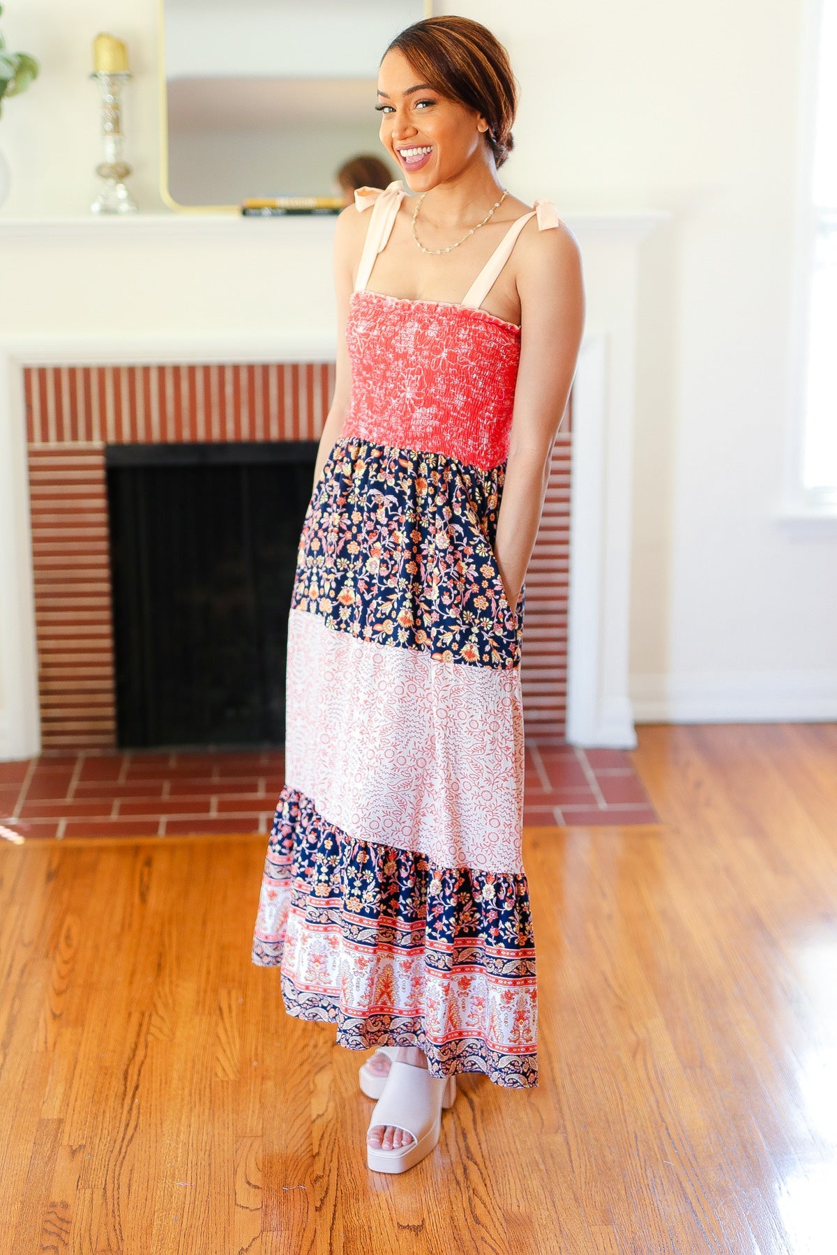 Orange Floral Smocked Tube Top Tiered Maxi Dress