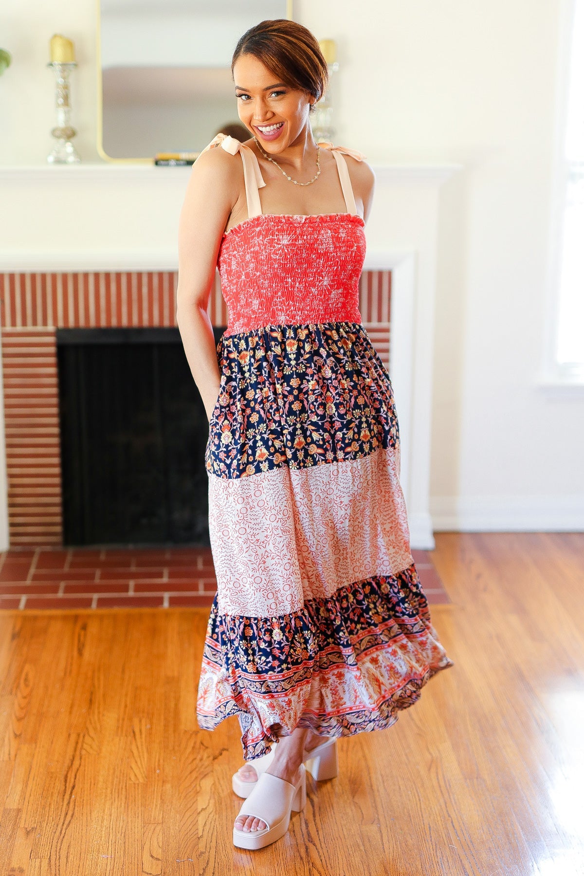 Orange Floral Smocked Tube Top Tiered Maxi Dress