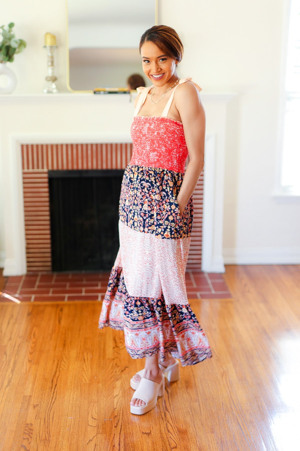 Orange Floral Smocked Tube Top Tiered Maxi Dress