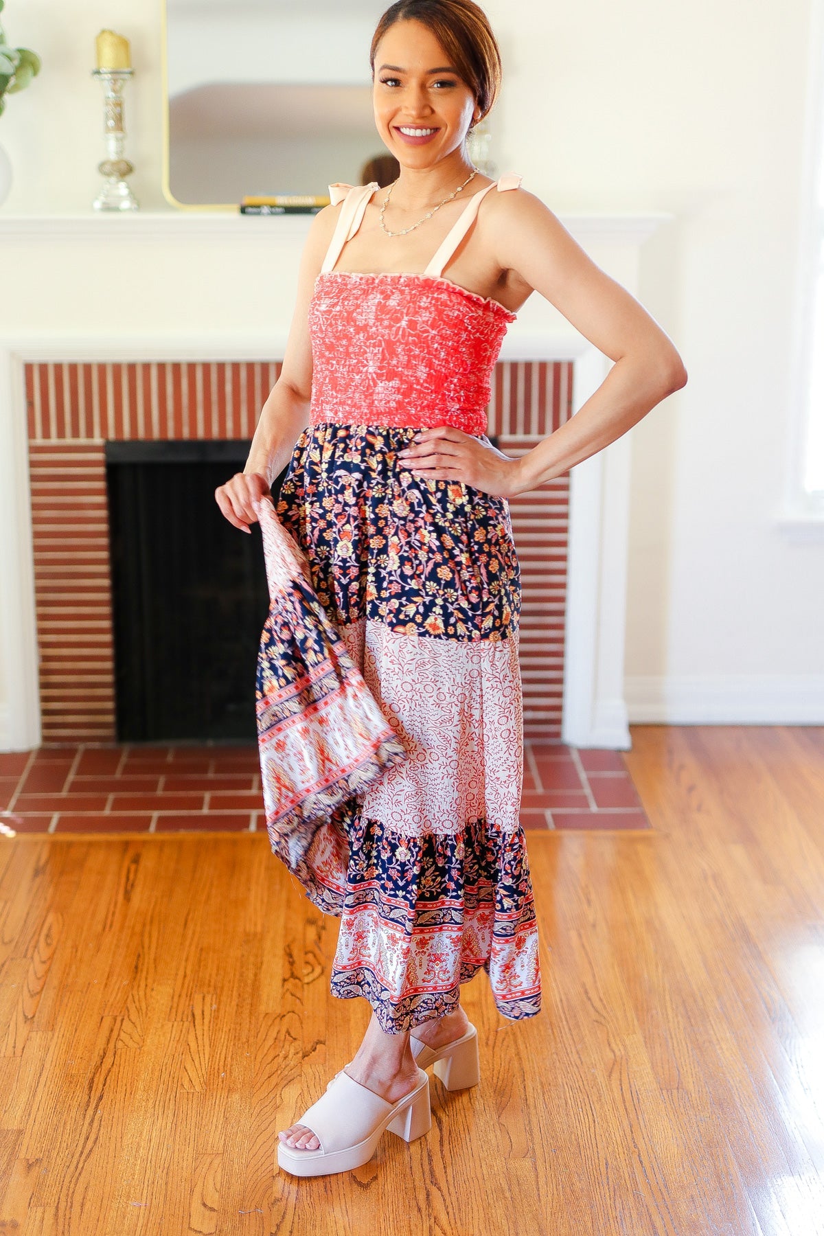 Orange Floral Smocked Tube Top Tiered Maxi Dress