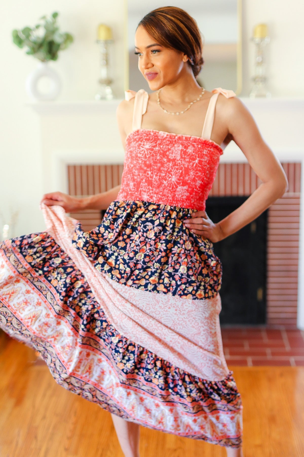 Orange Floral Smocked Tube Top Tiered Maxi Dress