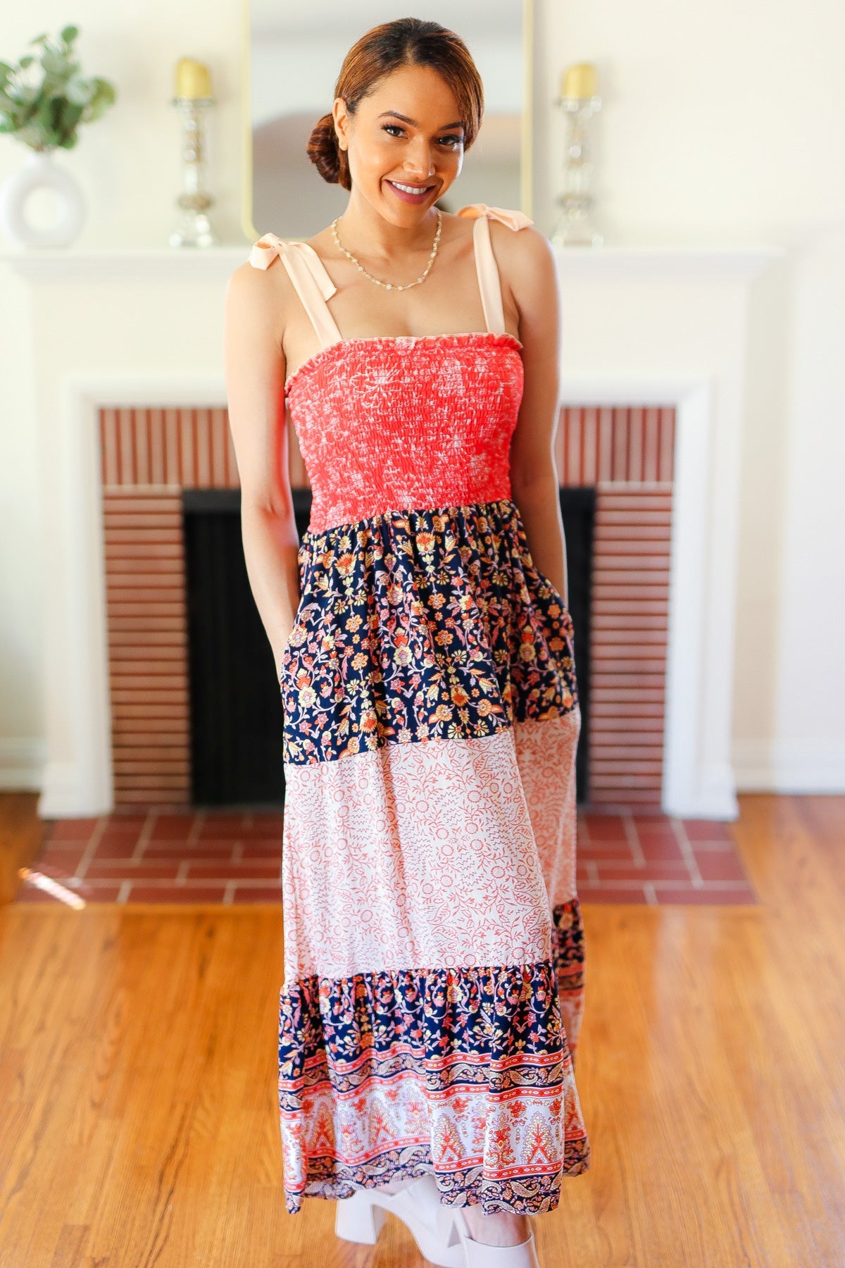 Orange Floral Smocked Tube Top Tiered Maxi Dress