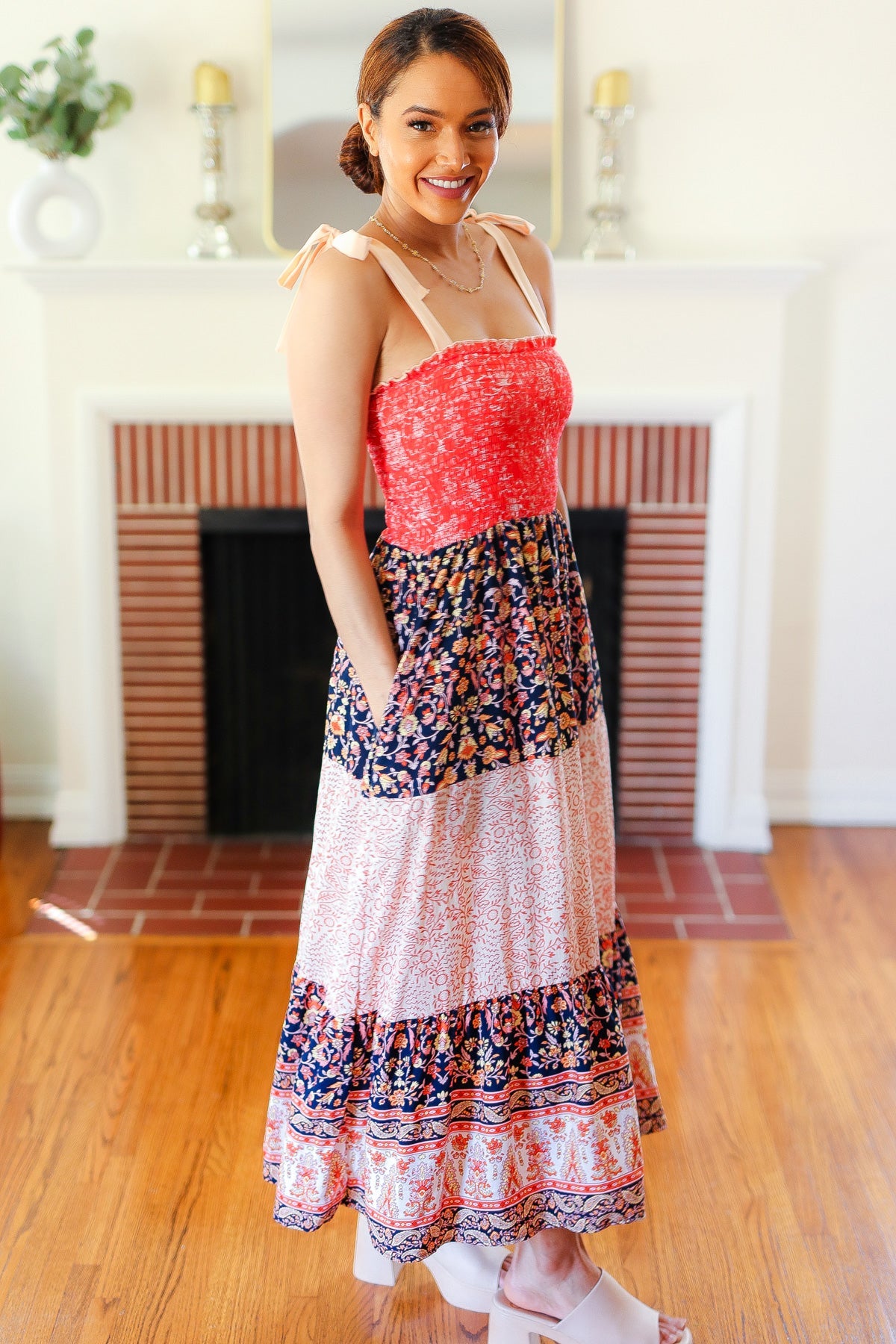 Orange Floral Smocked Tube Top Tiered Maxi Dress