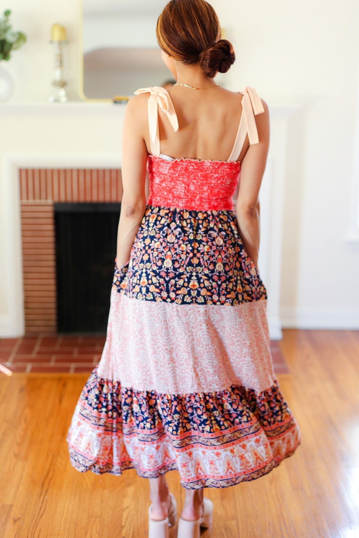 Orange Floral Smocked Tube Top Tiered Maxi Dress