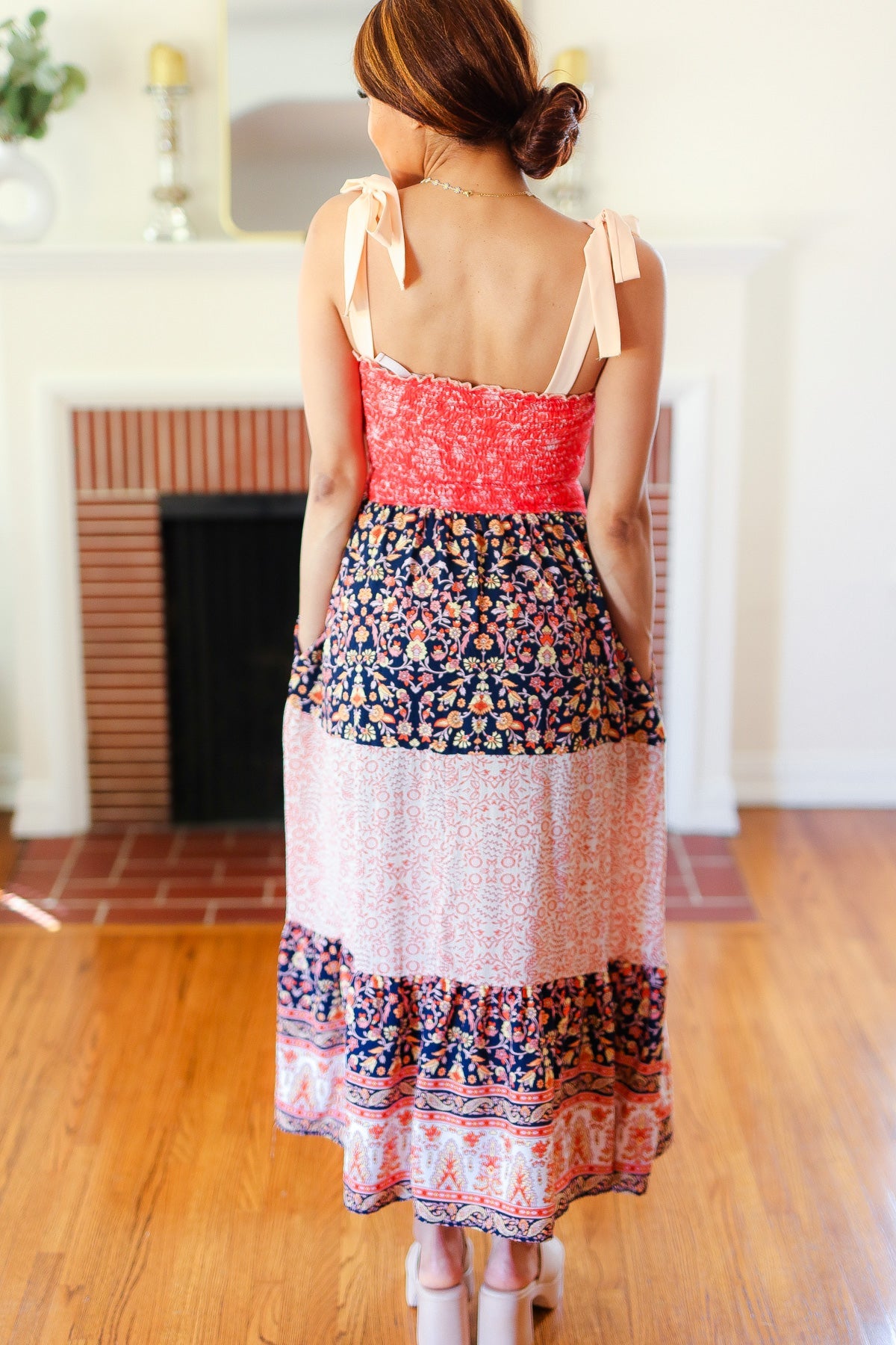 Orange Floral Smocked Tube Top Tiered Maxi Dress