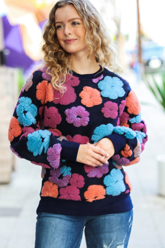 Navy & Fuchsia Flower Embroidered Sherpa Pullover