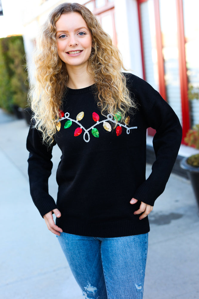 Black Sequin Embroidered Christmas Lights Sweater