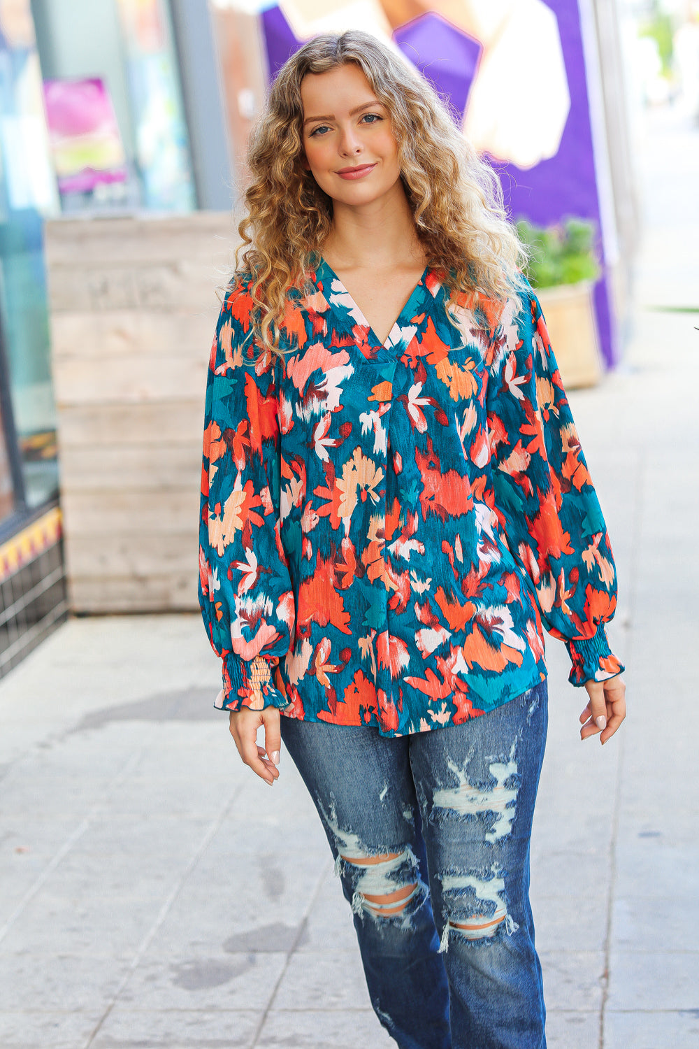 Teal Floral Abstract V Neck Smocked Top