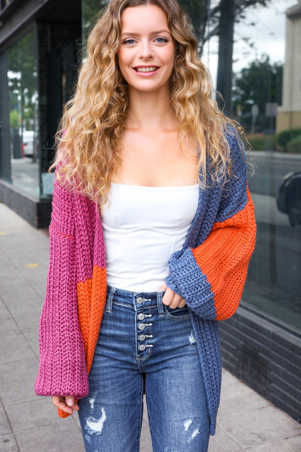 Magenta & Navy Chunky Knit Color Block Cardigan