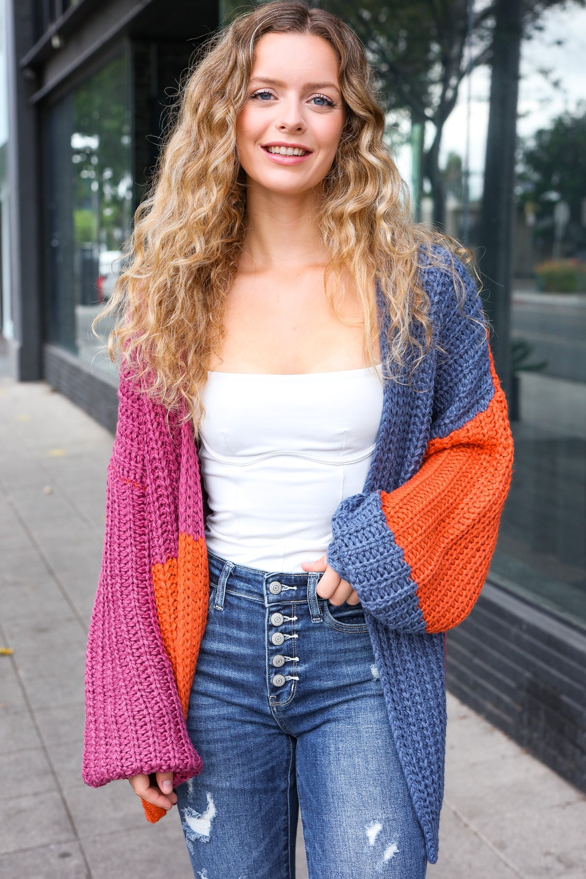 Magenta & Navy Chunky Knit Color Block Cardigan