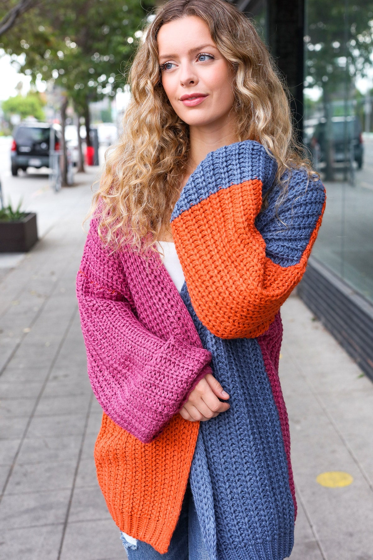 Magenta & Navy Chunky Knit Color Block Cardigan