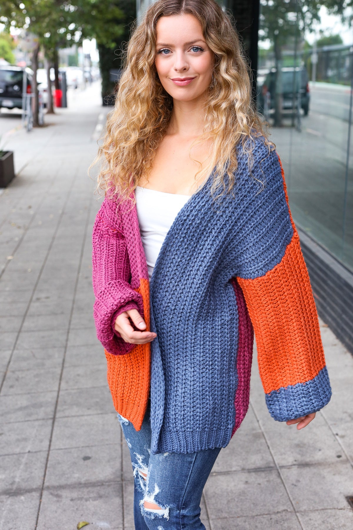 Magenta & Navy Chunky Knit Color Block Cardigan