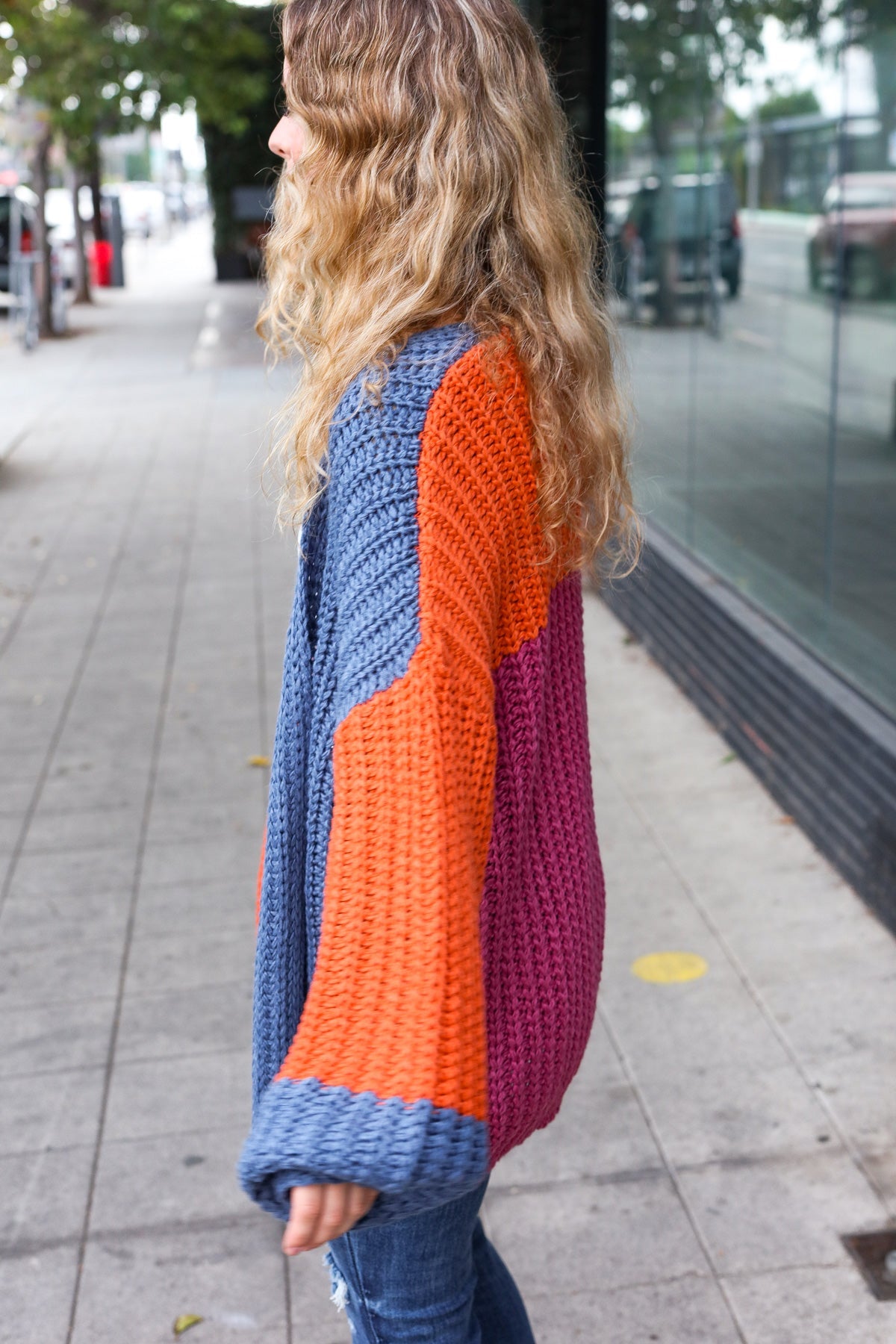 Magenta & Navy Chunky Knit Color Block Cardigan