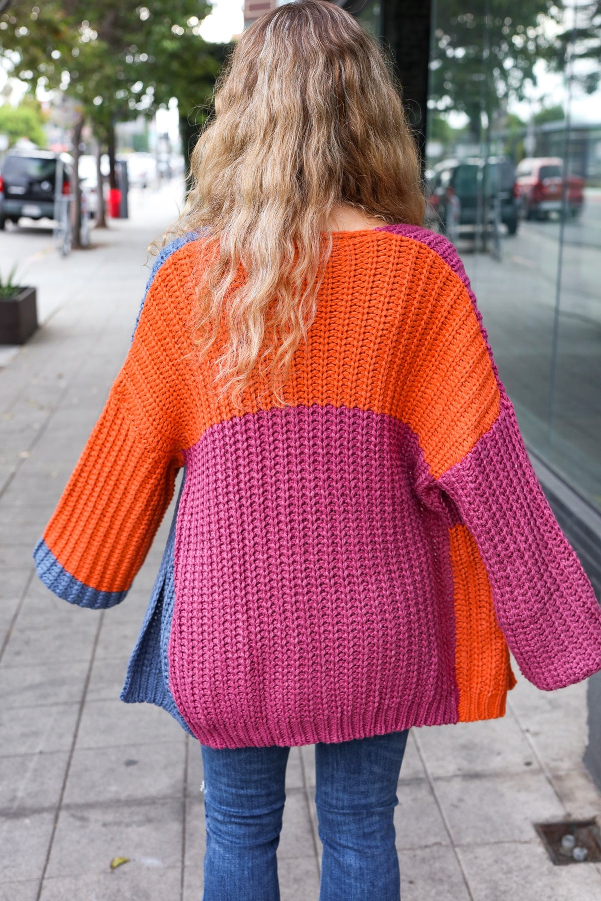 Magenta & Navy Chunky Knit Color Block Cardigan