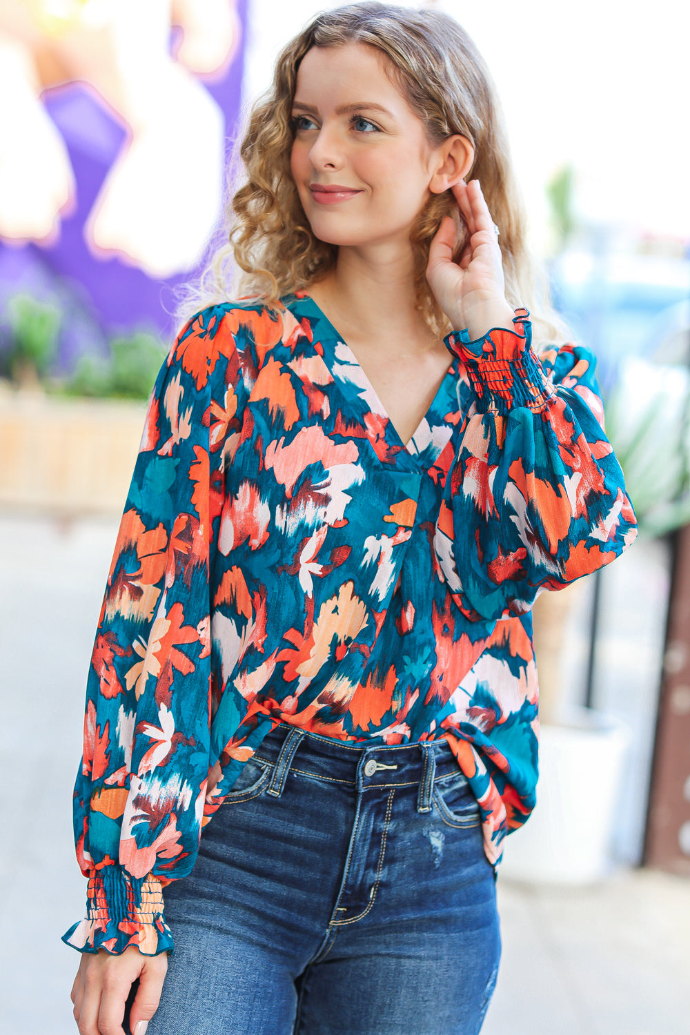 Teal Floral Abstract V Neck Smocked Top