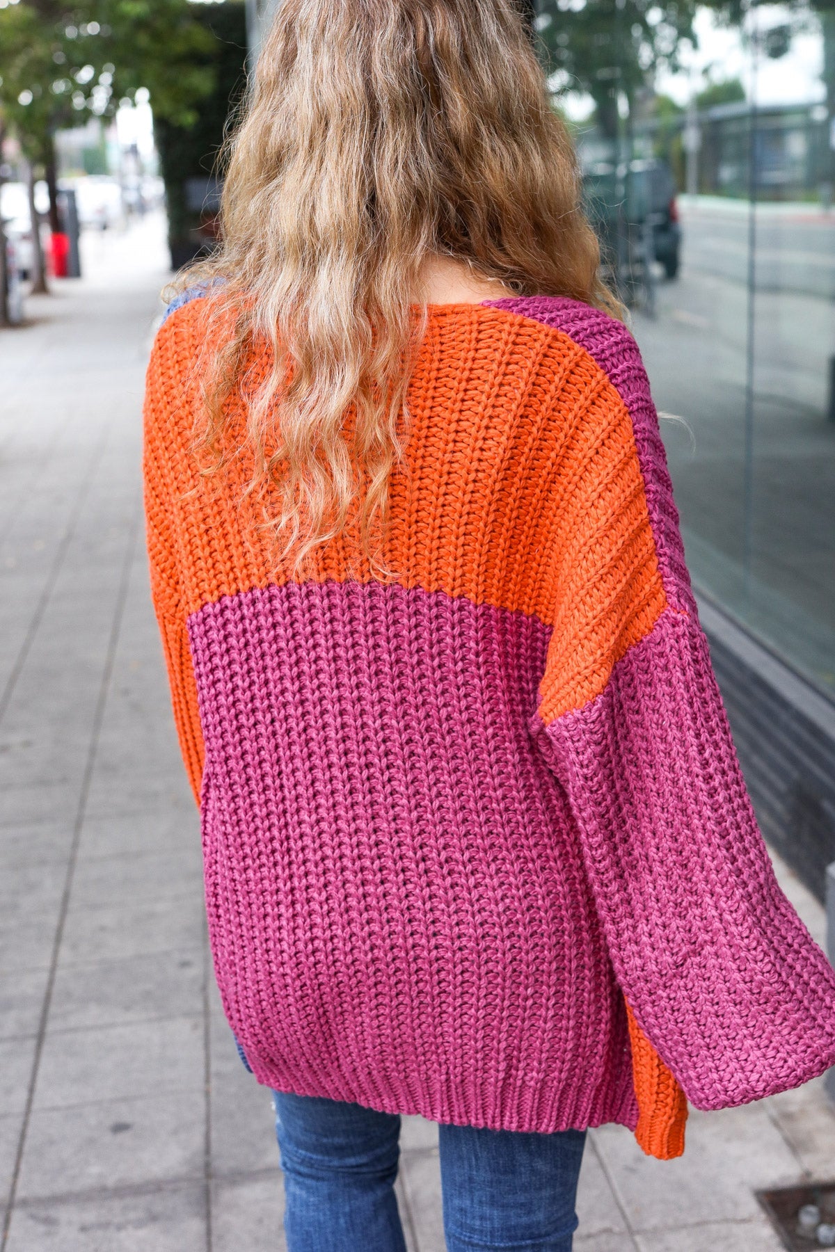 Magenta & Navy Chunky Knit Color Block Cardigan