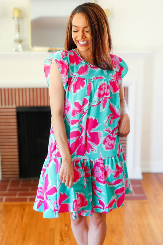 Aqua & Fuchsia Floral Tiered Ruffle Sleeve Dress