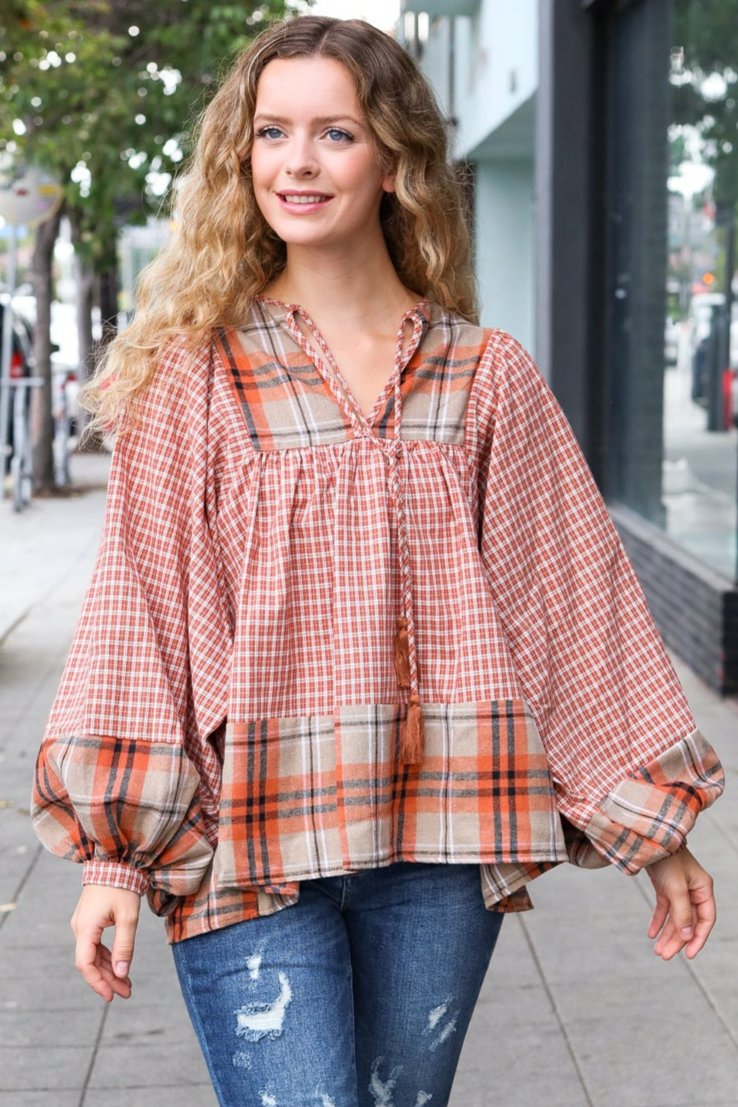 Rust Taupe Plaid Notch Neck Balloon Sleeve Blouse