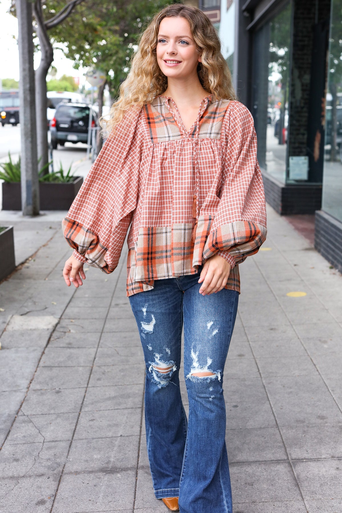 Rust Taupe Plaid Notch Neck Balloon Sleeve Blouse