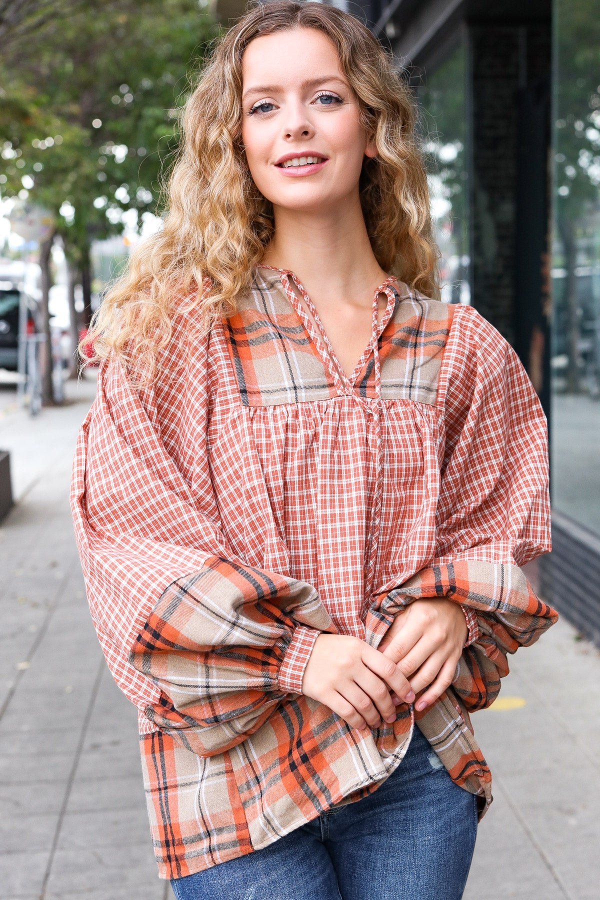 Rust Taupe Plaid Notch Neck Balloon Sleeve Blouse