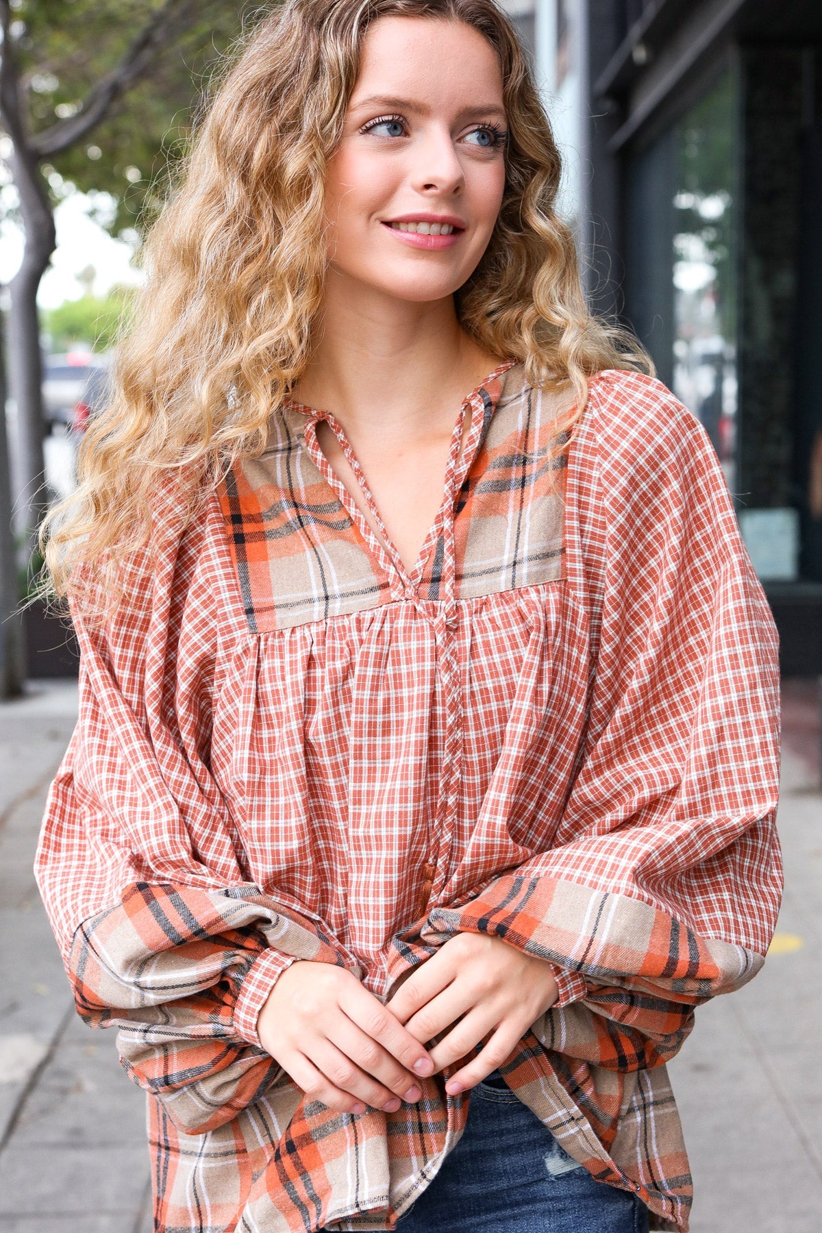 Rust Taupe Plaid Notch Neck Balloon Sleeve Blouse