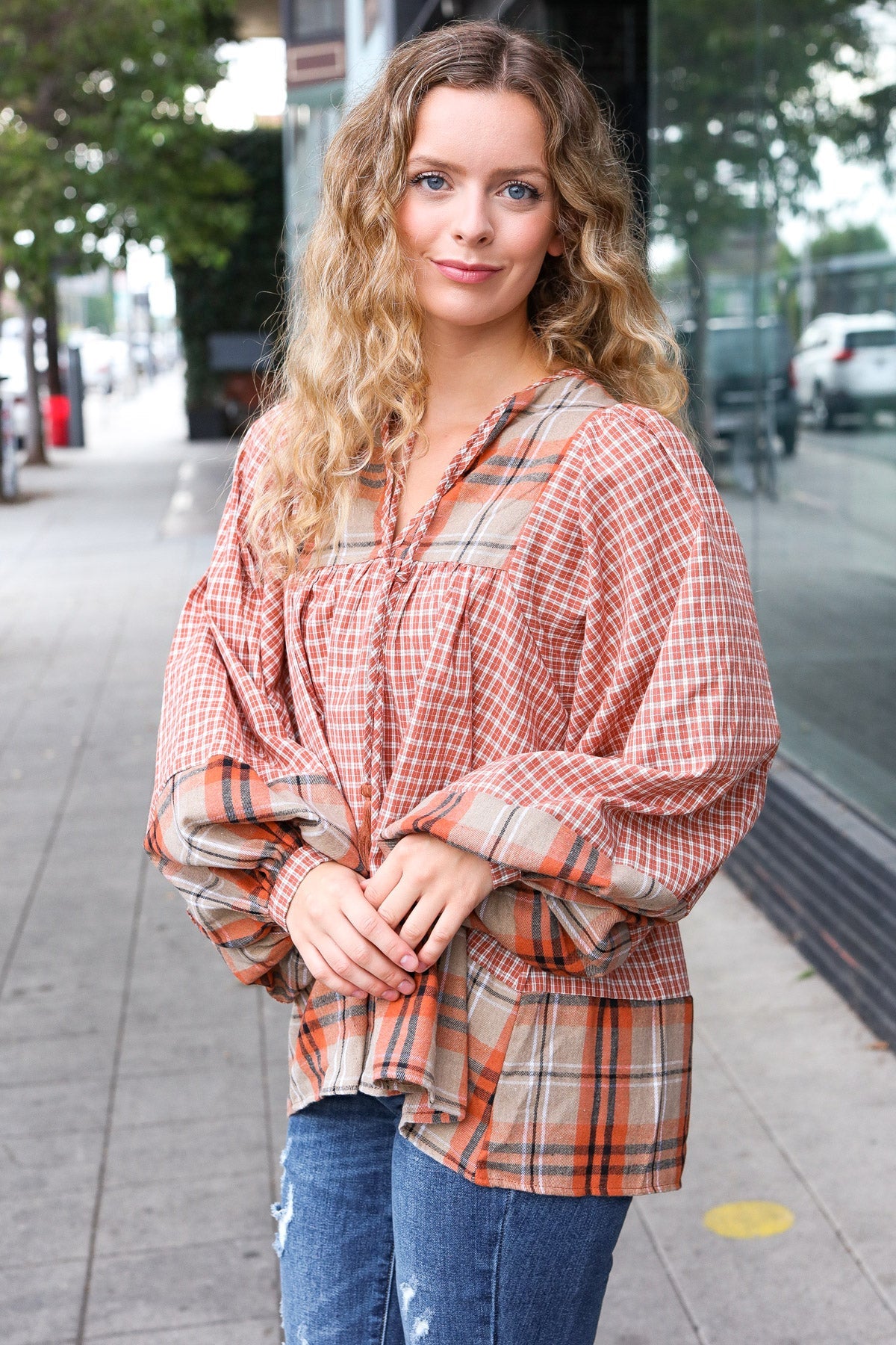 Rust Taupe Plaid Notch Neck Balloon Sleeve Blouse