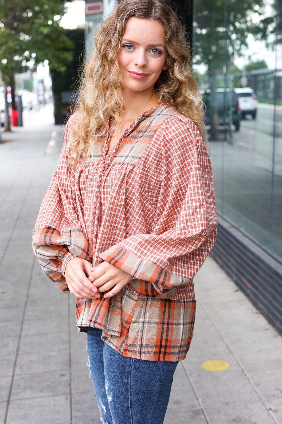 Rust Taupe Plaid Notch Neck Balloon Sleeve Blouse