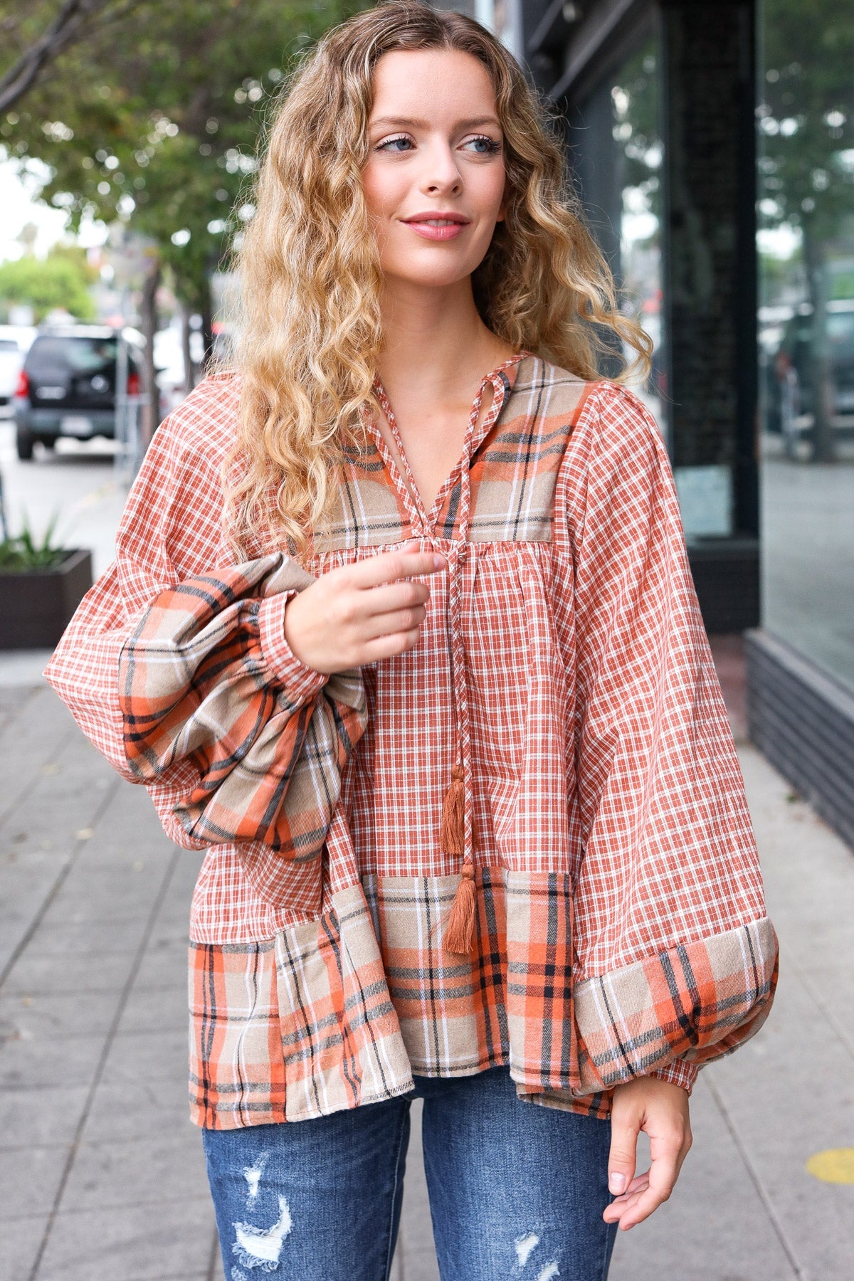 Rust Taupe Plaid Notch Neck Balloon Sleeve Blouse