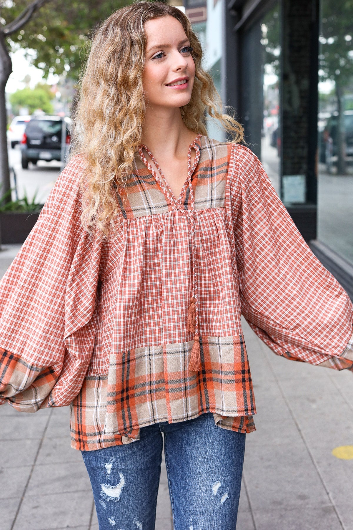 Rust Taupe Plaid Notch Neck Balloon Sleeve Blouse