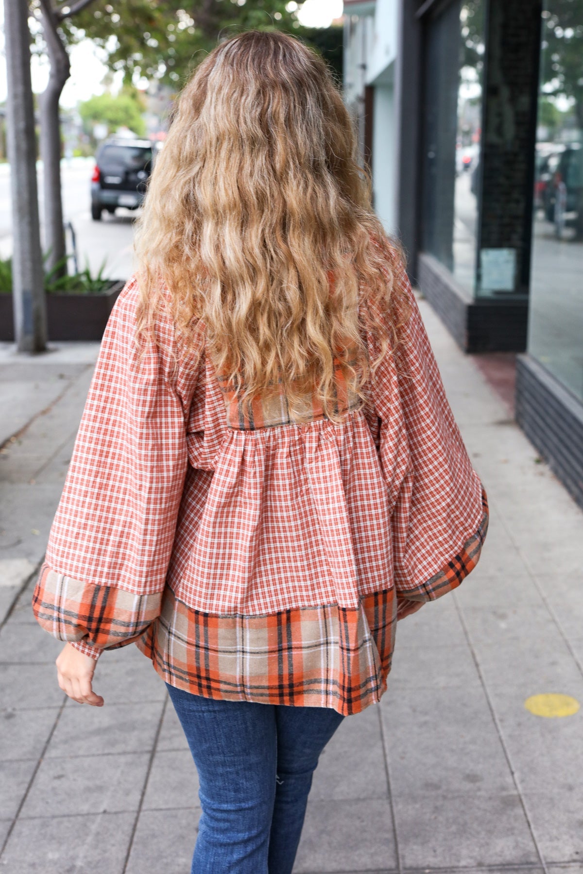 Rust Taupe Plaid Notch Neck Balloon Sleeve Blouse