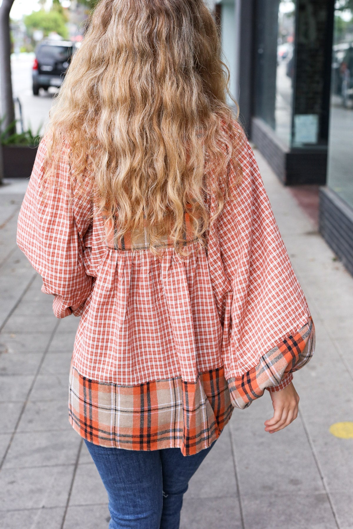 Rust Taupe Plaid Notch Neck Balloon Sleeve Blouse