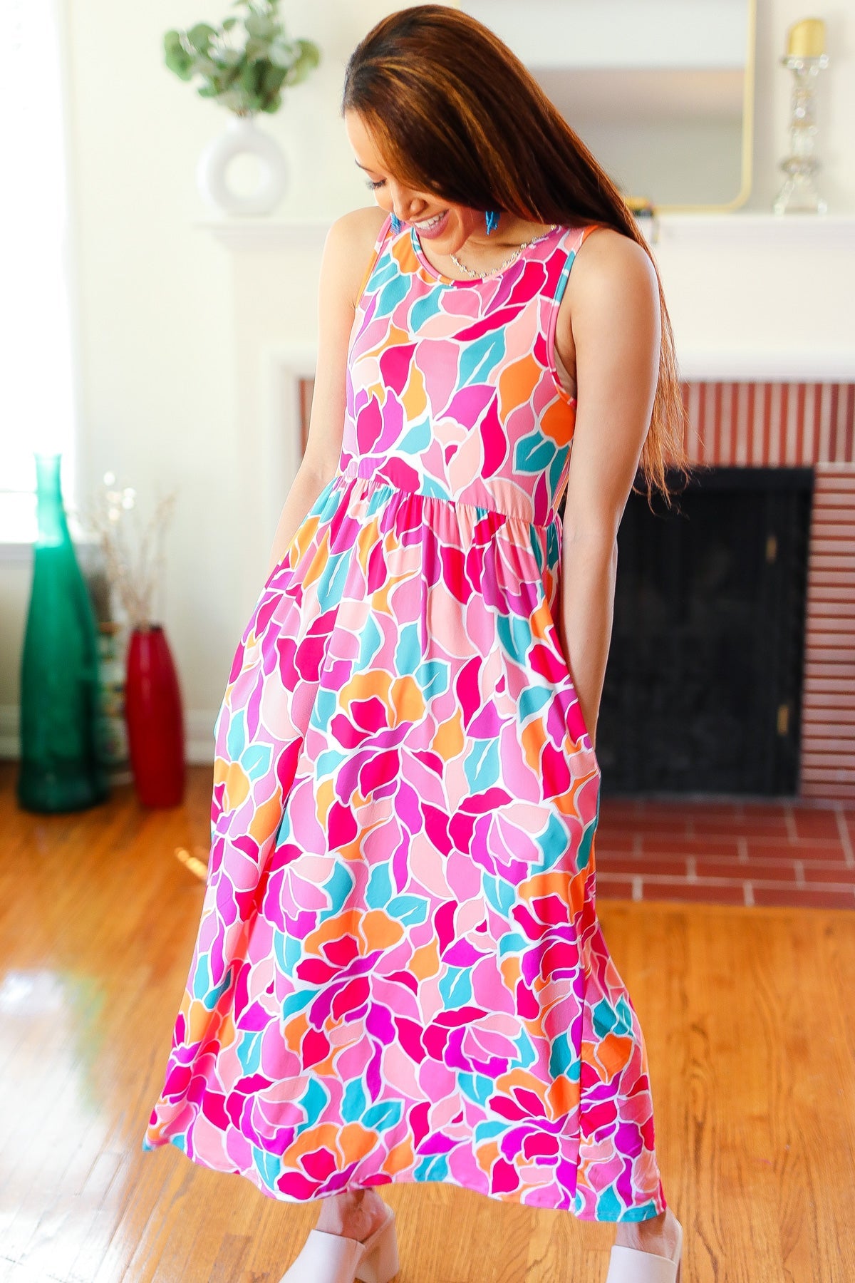 Fuchsia Abstract Floral Fit & Flare Maxi Dress