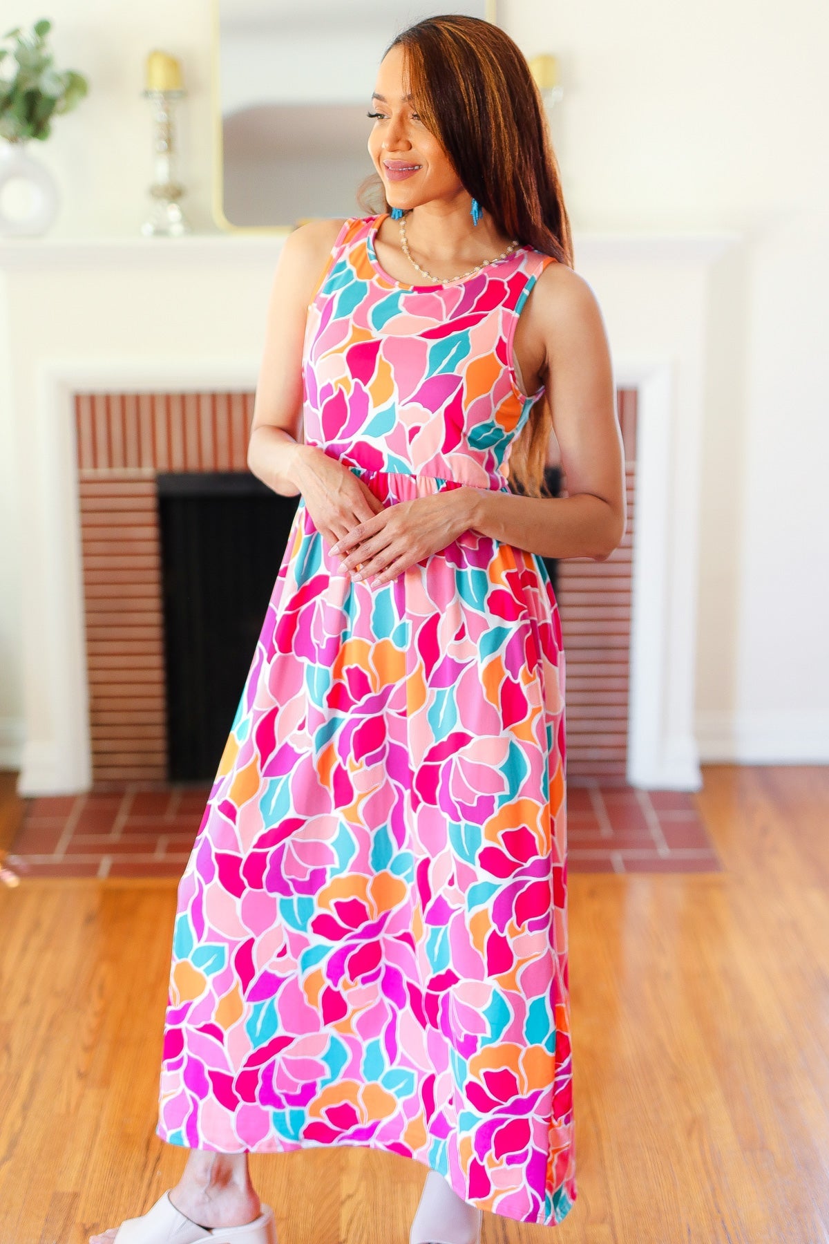 Fuchsia Abstract Floral Fit & Flare Maxi Dress