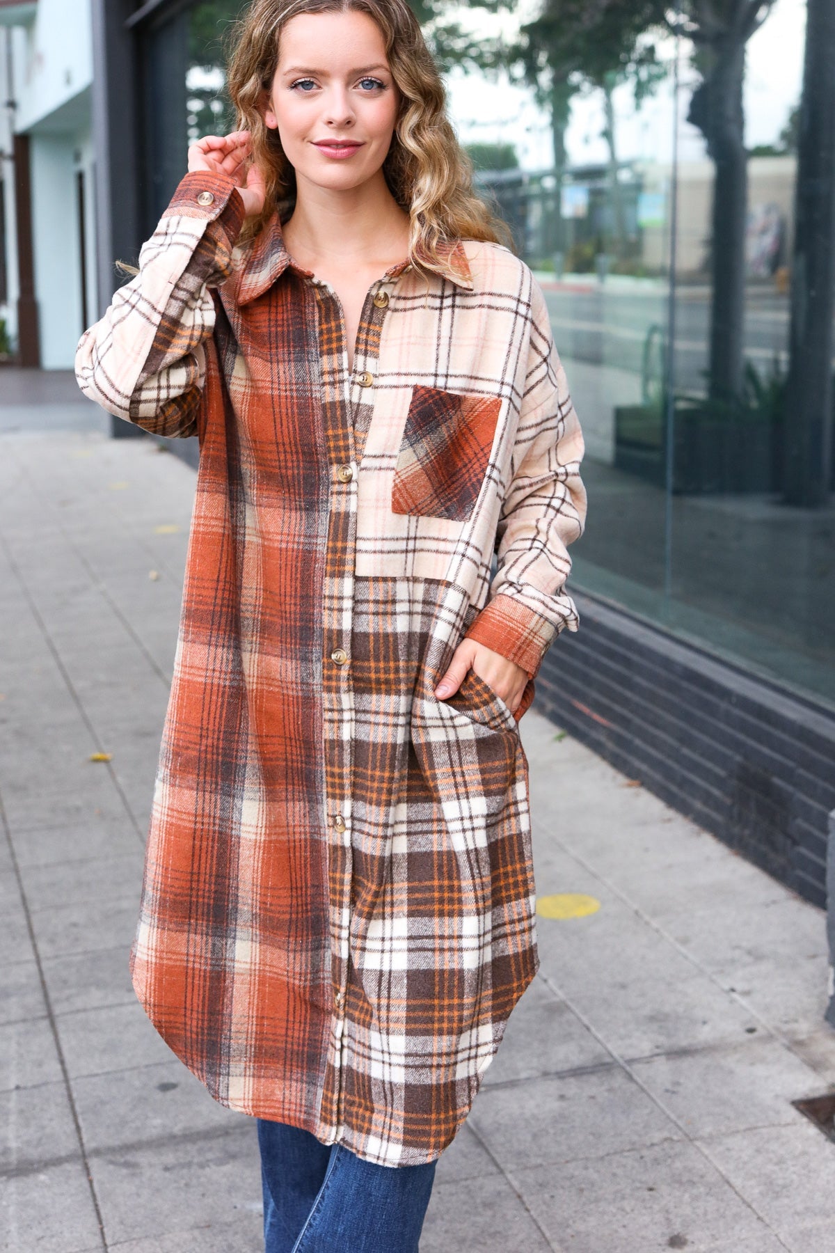 Rust & Taupe Color Block Plaid Longline Shacket