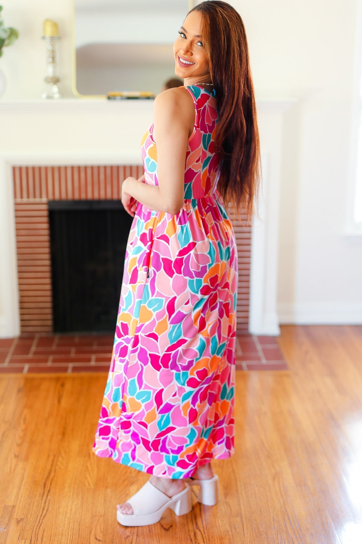 Fuchsia Abstract Floral Fit & Flare Maxi Dress