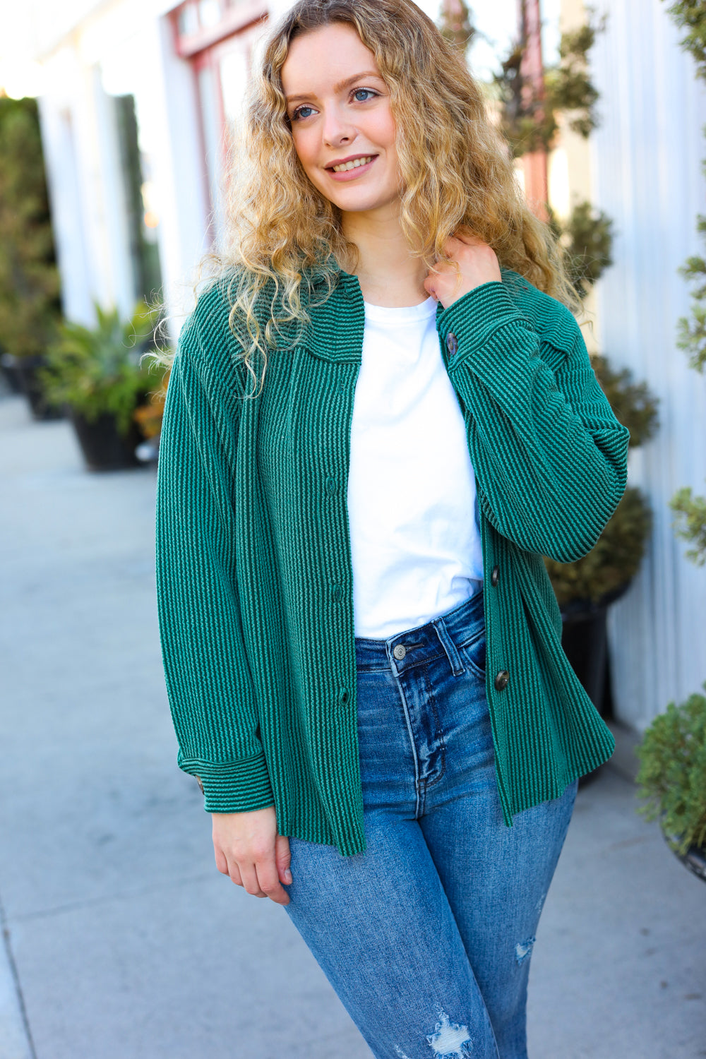 Pine Green Ribbed Button Down Shacket