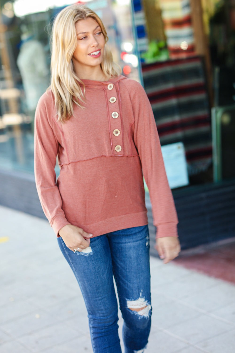 Cozy Up Rust Button Down Hoodie Top