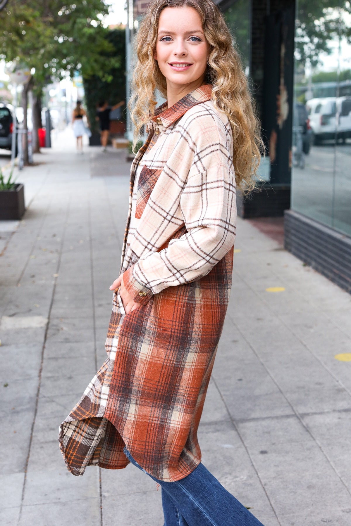 Rust & Taupe Color Block Plaid Longline Shacket