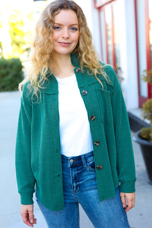 Pine Green Ribbed Button Down Shacket