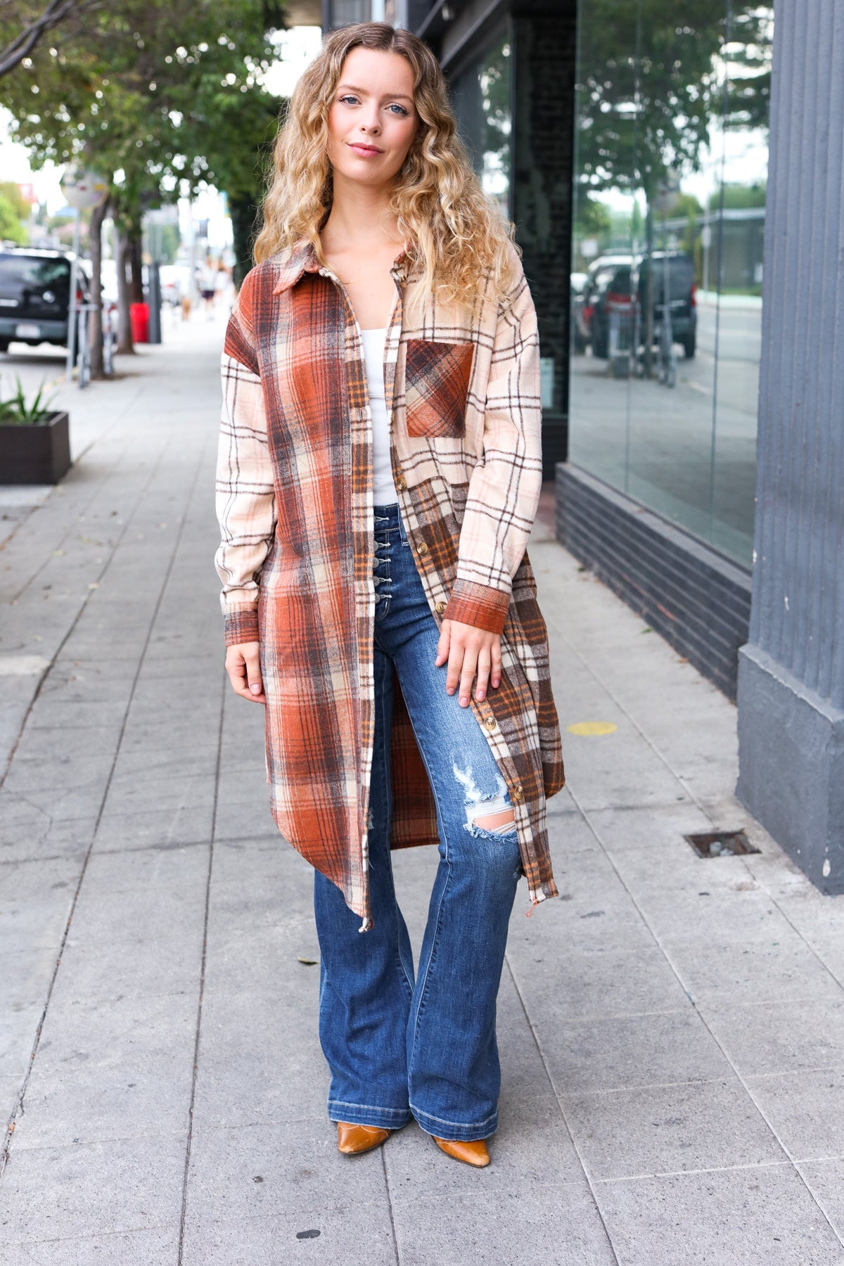 Rust & Taupe Color Block Plaid Longline Shacket