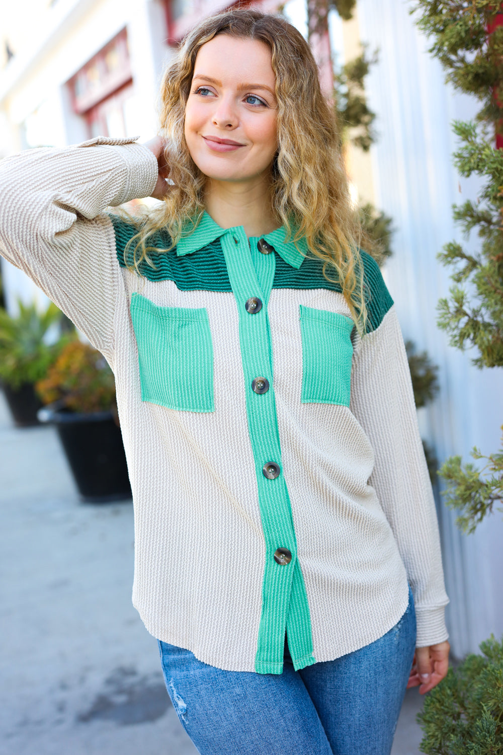 Hunter Green Ribbed Colorblock Button Down Shacket