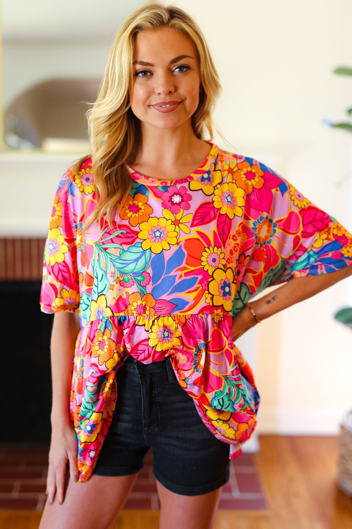 Yellow & Fuchsia Retro Floral Babydoll Top