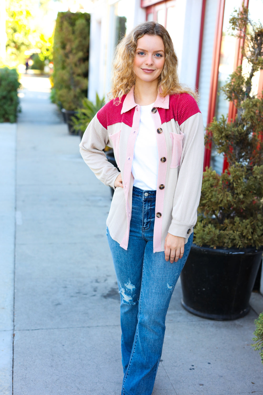 Cranberry Ribbed Colorblock Button Down Shacket